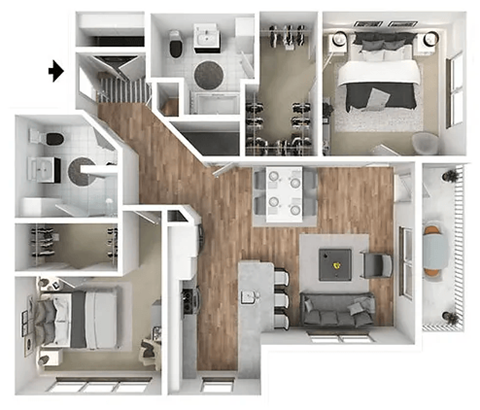 Floor plan for 2 beds, 2 baths, 1202 sqft